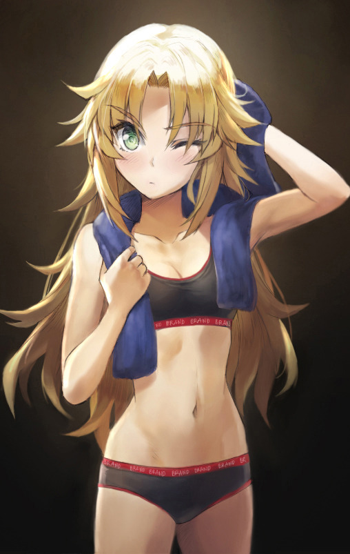 1girl, alternate_hairstyle, black_bra, black_panties, blonde_hair, blue_towel, blush, bra