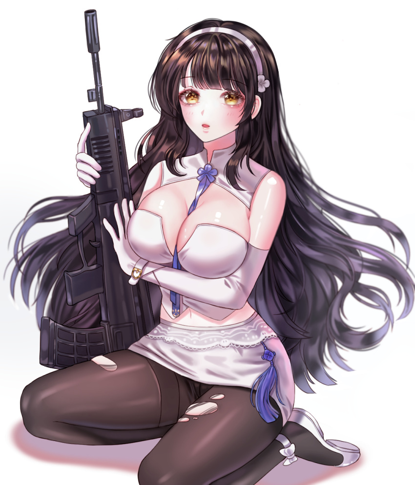 assault_rifle, bangs, between_breasts, black_hair, blcackup, blunt_bangs, blush, breasts
