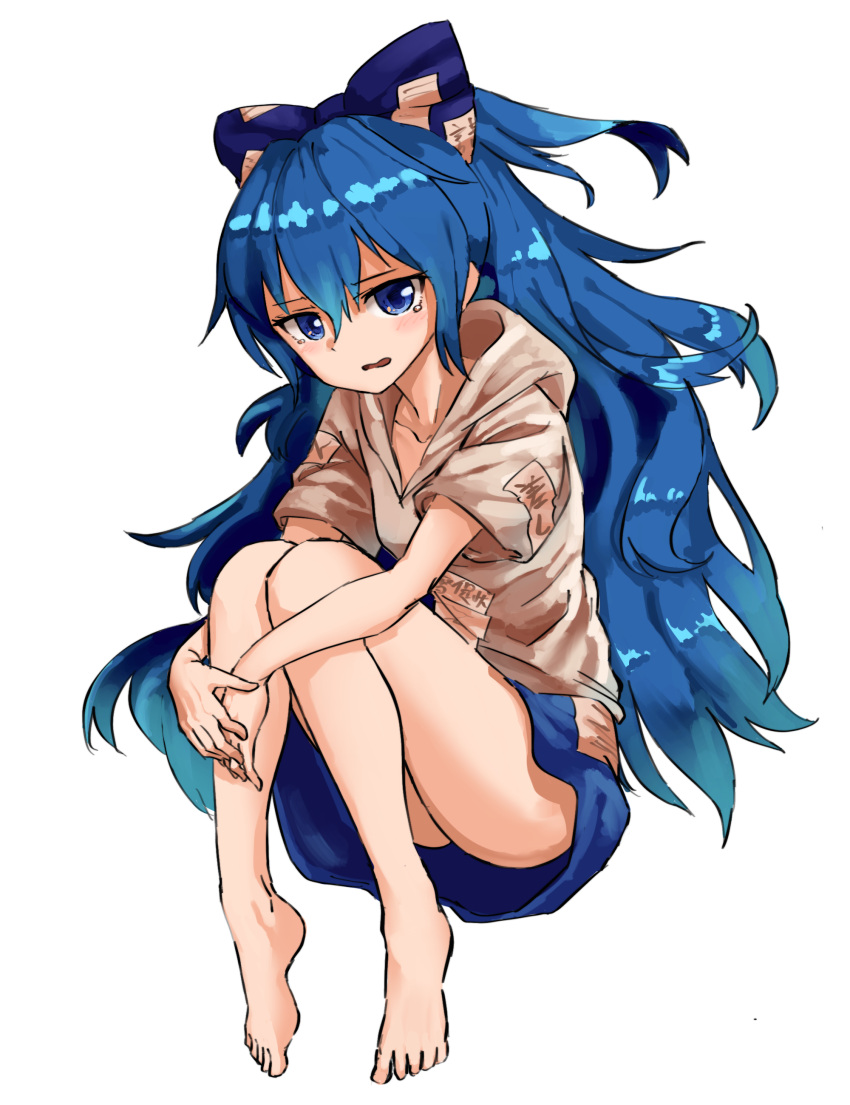 1girl, absurdres, bangs, bare_legs, barefoot, blue_bow, blue_eyes, blue_hair, blue_skirt, bow, collarbone, full_body, hair_between_eyes, hair_bow, highres, hood, hood_down, knees_together_feet_apart, long_hair, looking_at_viewer, nob1109, open_mouth, short_sleeves, simple_background, skirt, solo, tears, touhou, very_long_hair, white_background, yorigami_shion