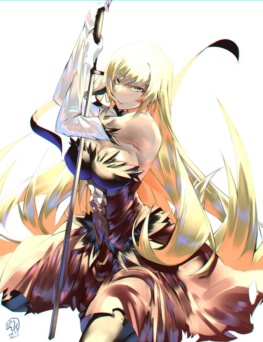 1girl, absurdres, bangs, bare_shoulders, blonde_hair, breasts, chromatic_aberration, dorashieru