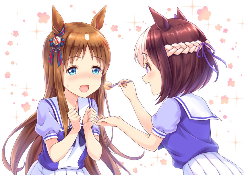 2girls, :d, animal_ears, blue_eyes, blush, braid, brown_hair, clenched_hands, eyebrows_visible_through_hair, feeding, food, fork, grass_wonder, highres, holding, holding_fork, horse_ears, leaning_forward, long_hair, looking_at_another, multicolored_hair, multiple_girls, nose_blush, open_mouth, profile, ribbon, school_uniform, serafuku, short_sleeves, skirt, smile, sparkle, special_week, striped, striped_ribbon, sweatdrop, tomo_(user_hes4085), two-tone_hair, umamusume, very_long_hair, violet_eyes, white_background, white_hair, white_skirt