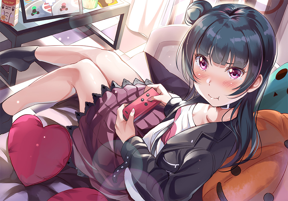 1girl, :t, bangs, black_collar, black_hair, black_jacket, black_legwear, controller