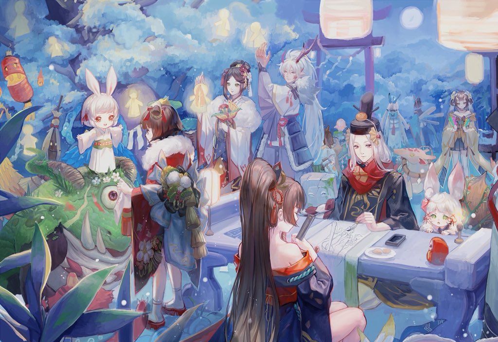 2boys, 6+girls, animal_ears, arm_up, bangs, bare_legs, bare_shoulders, black_hair