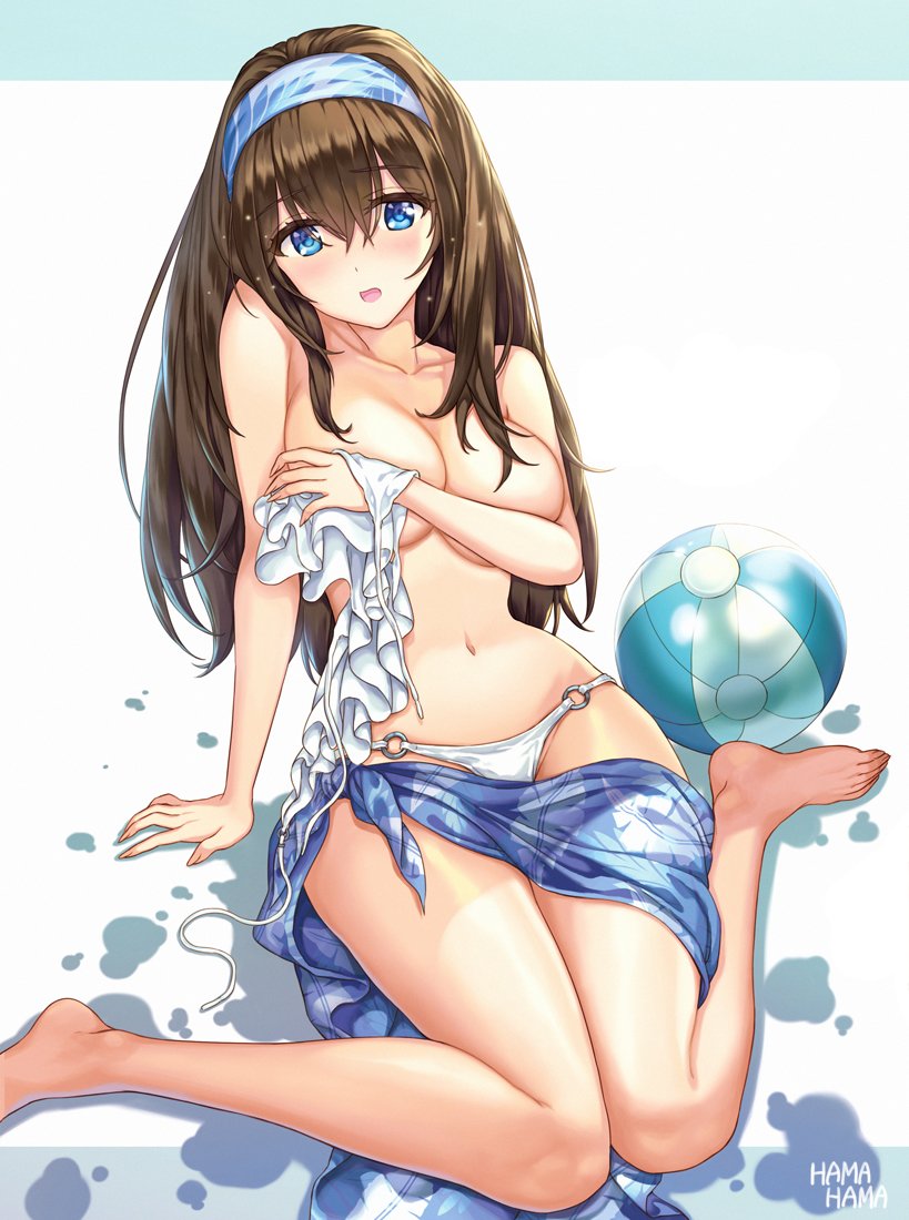 1girl, arm_support, ball, bare_legs, barefoot, beachball, bikini, blue_eyes, breast_hold, breasts, brown_hair, covering, covering_breasts, eyebrows_visible_through_hair, hairband, hhama, idolmaster, idolmaster_cinderella_girls, large_breasts, long_hair, navel, o-ring, o-ring_bikini, o-ring_bottom, sagisawa_fumika, sarong, sidelocks, sitting, solo, swimsuit, untied, untied_bikini, wardrobe_malfunction, wariza, white_bikini