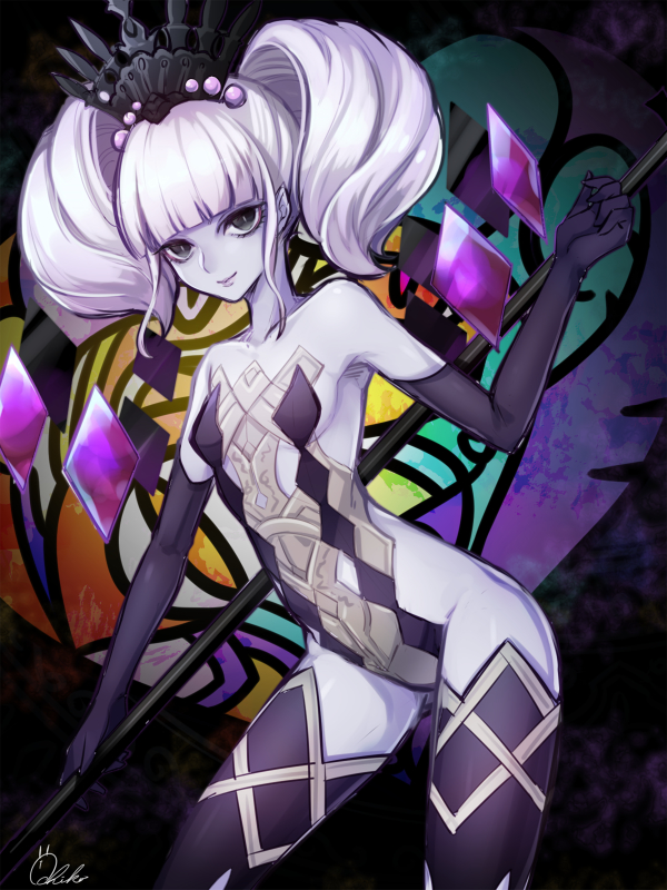 1girl, bangs, bare_shoulders, black_eyes, black_gloves, black_legwear, blunt_bangs, breasts