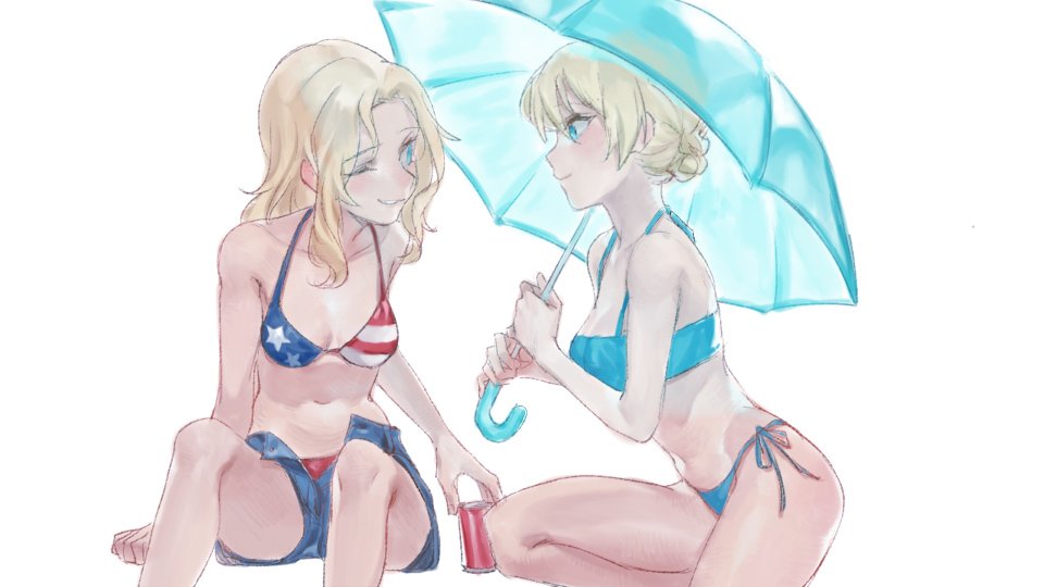 2girls, american_flag_bikini, aqua_bikini, aqua_umbrella, arm_support, bangs, bikini, blonde_hair