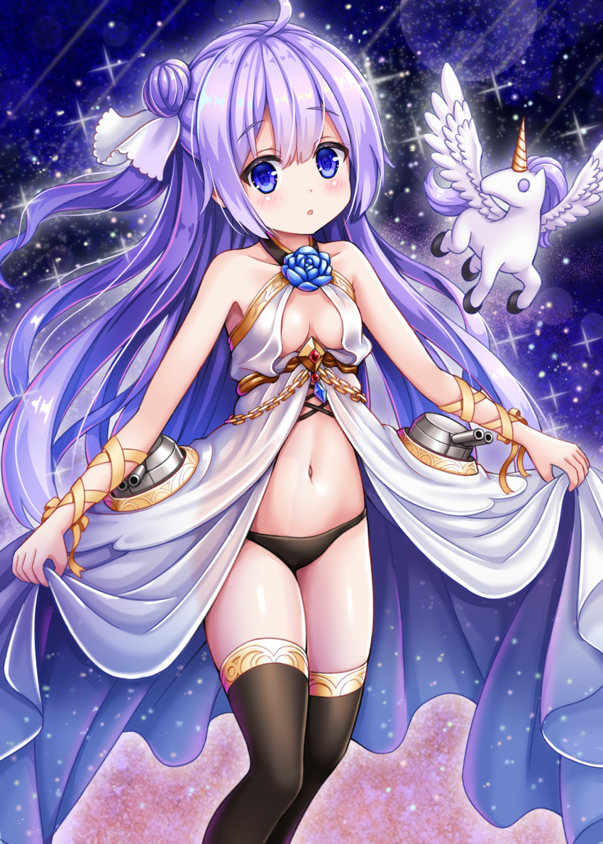 1girl, :o, absurdres, ahoge, alicorn, animal, azur_lane, bangs, bare_shoulders, black_legwear, black_panties, blue_flower, blue_rose, bluebird_(bluebird90), blush, breasts, cannon, collarbone, commentary_request, cosplay, crystal, dress, eyebrows_visible_through_hair, flower, flying, hair_between_eyes, hair_ribbon, head_tilt, highres, long_hair, looking_at_viewer, navel, one_side_up, oversized_clothes, panties, parted_lips, purple_hair, ribbon, rose, side_bun, skirt_hold, sleeveless, sleeveless_dress, small_breasts, solo, sparkle, stuffed_unicorn, thigh-highs, turret, underwear, unicorn_(azur_lane), very_long_hair, victorious_(azur_lane), victorious_(azur_lane)_(cosplay), violet_eyes, white_dress, white_ribbon