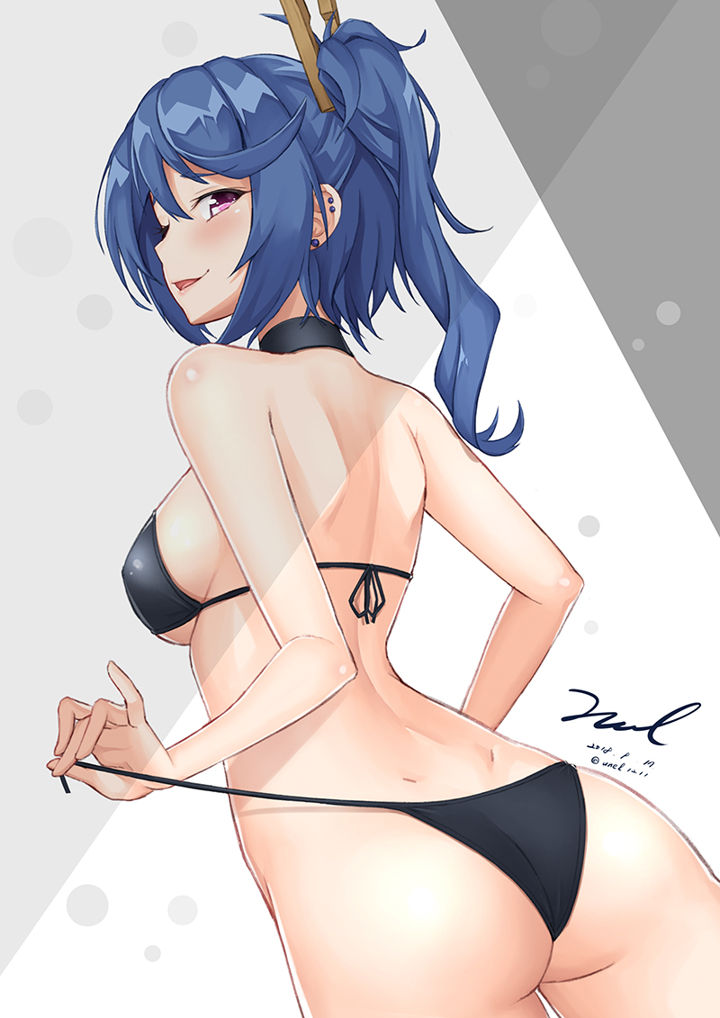 1girl, ass, back, bare_shoulders, bikini, black_bikini, blue_hair, blush