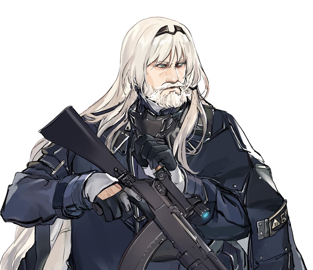 1boy, an-94, an-94_(girls_frontline), arm_strap, assault_rifle, bangs, beard, black_gloves