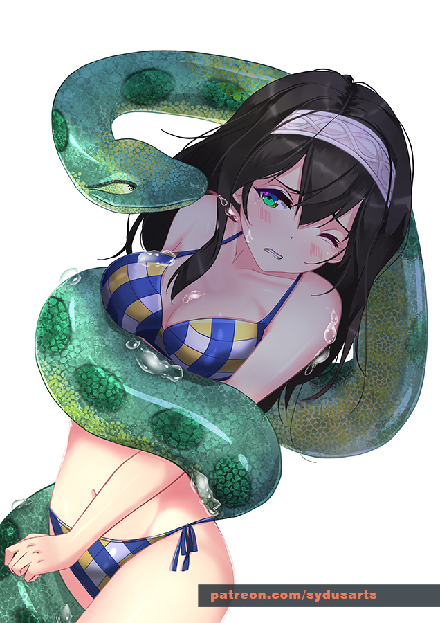 1girl, anaconda, artist_name, bare_shoulders, bikini, black_hair, blue_eyes, blush