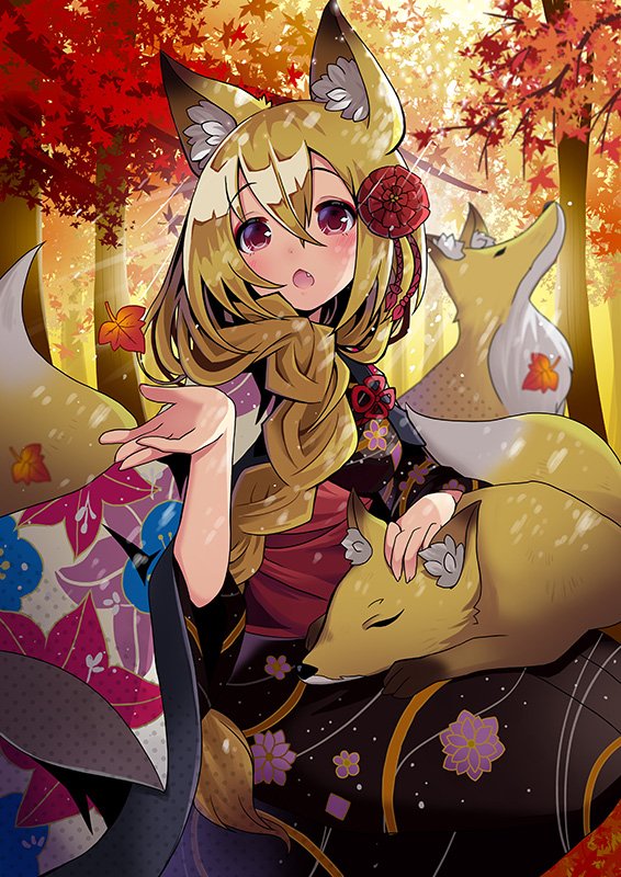 :o, animal_ears, autumn, autumn_leaves, braid, chestnut_mouth, fang, floral_print, forest, fox, fox_ears, fox_tail, hair_ornament, japanese_clothes, kei_s01, kimono, light_rays, nature, obi, original, sash, sunlight, tail, tree
