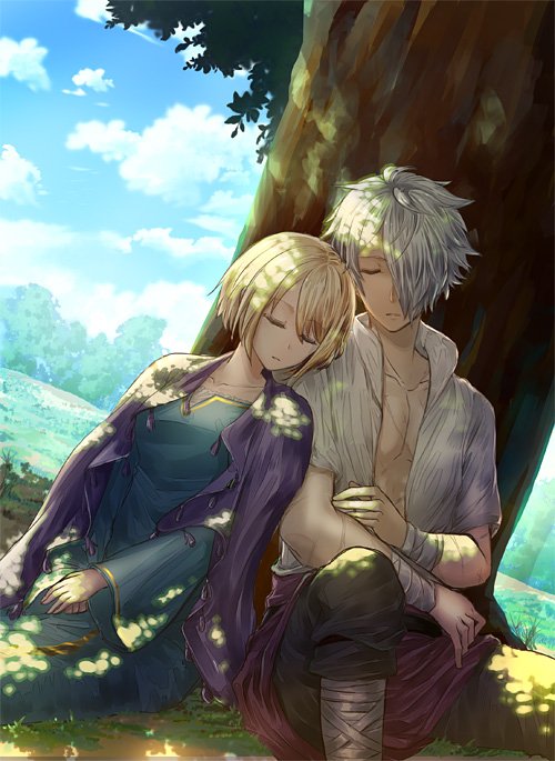 1boy, 1girl, bangs, blonde_hair, blush, closed_eyes, cordelia_ravus, dress, gloves, hair_between_eyes, hair_over_one_eye, octopath_traveler, short_hair, sleeping, therion_(octopath_traveler), tree, white_hair, yuzuponza