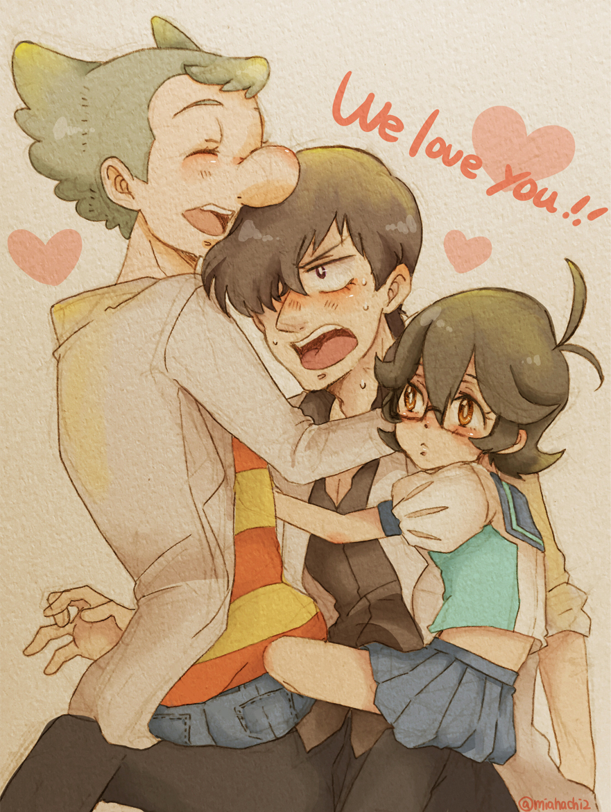 1girl, 2boys, :o, atom:_the_beginning, black_hair, black_pants, blue_pants, blue_skirt, blush, brown_eyes, brown_hair, child, closed_eyes, denim, english, glasses, hair_between_eyes, hair_over_one_eye, heart, jeans, labcoat, light_brown_hair, long_nose, looking_at_another, miahachi, multiple_boys, ochanomizu_hiroshi, ochanomizu_ran, orange_shirt, pants, puffy_short_sleeves, puffy_sleeves, shirt, short_hair, short_sleeves, sitting, sitting_on_lap, sitting_on_person, skirt, striped, striped_shirt, sweat, tenma_umatarou, traditional_media, twitter_username, watercolor_pencil_(medium)