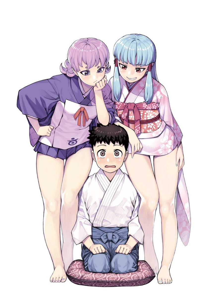1boy, 2girls, :/, bare_legs, barefoot, black_hair, blue_hair, commentary_request