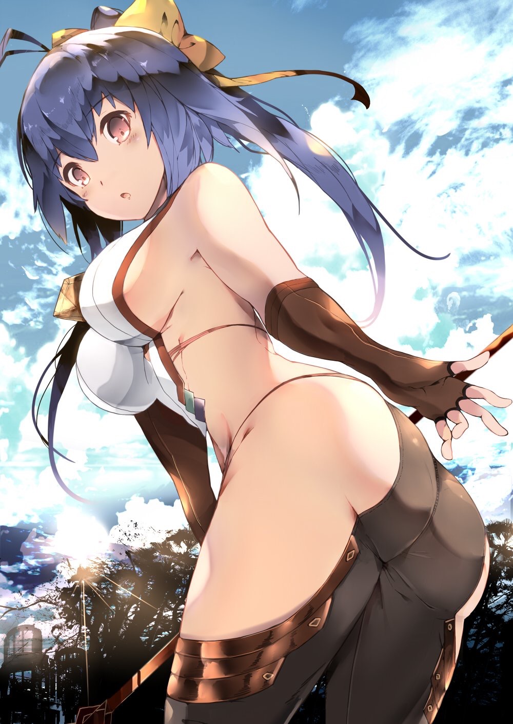 1girl, :o, antenna_hair, ass, backless_outfit, bangs, bare_shoulders, blazblue