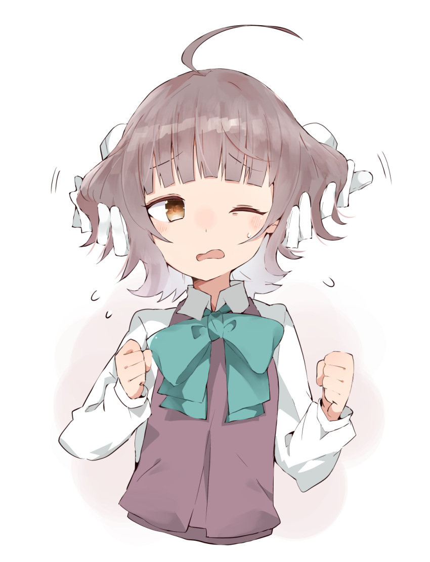 1girl, ahoge, blush, bow, brown_eyes, brown_hair, collared_shirt, commentary_request