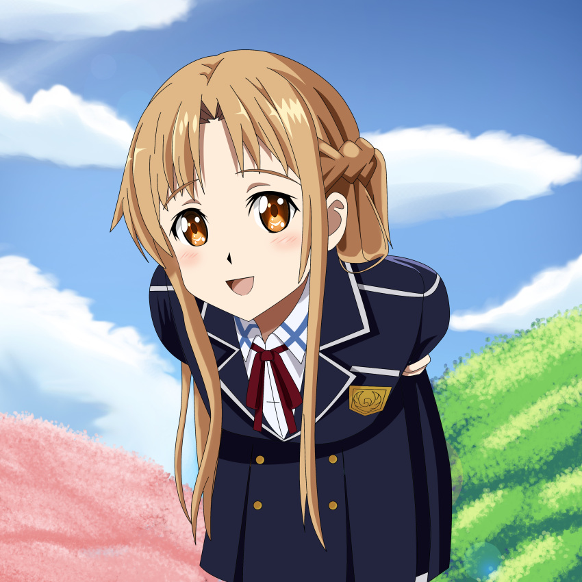 1girl, arms_behind_back, ascii_media_works, asuna_(sao), brown_eyes, brown_hair, cute, formal_clothes, garden, leaning, leaning_forward, long_hair, open_mouth, park, sakura_tree, school_uniform, sincity2100, smile, solo, star, stars, sword_art_online, tree, yuuki_asuna