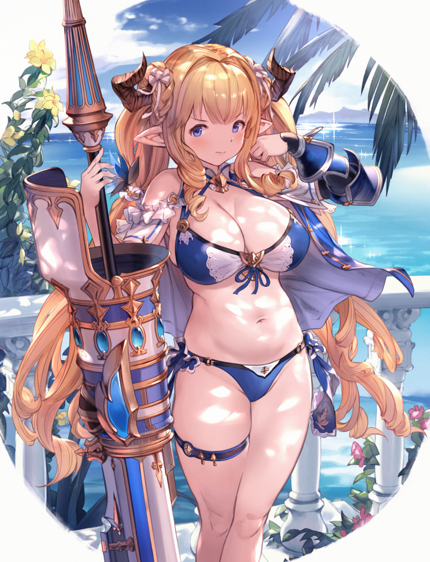 1girl, 3:, alternate_costume, alternate_hairstyle, armor, bangs, bikini, blonde_hair