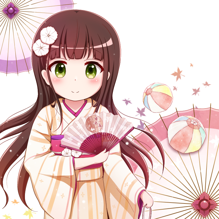 1girl, bad_id, ball, bangs, beige_kimono, blush, brown_hair, closed_mouth