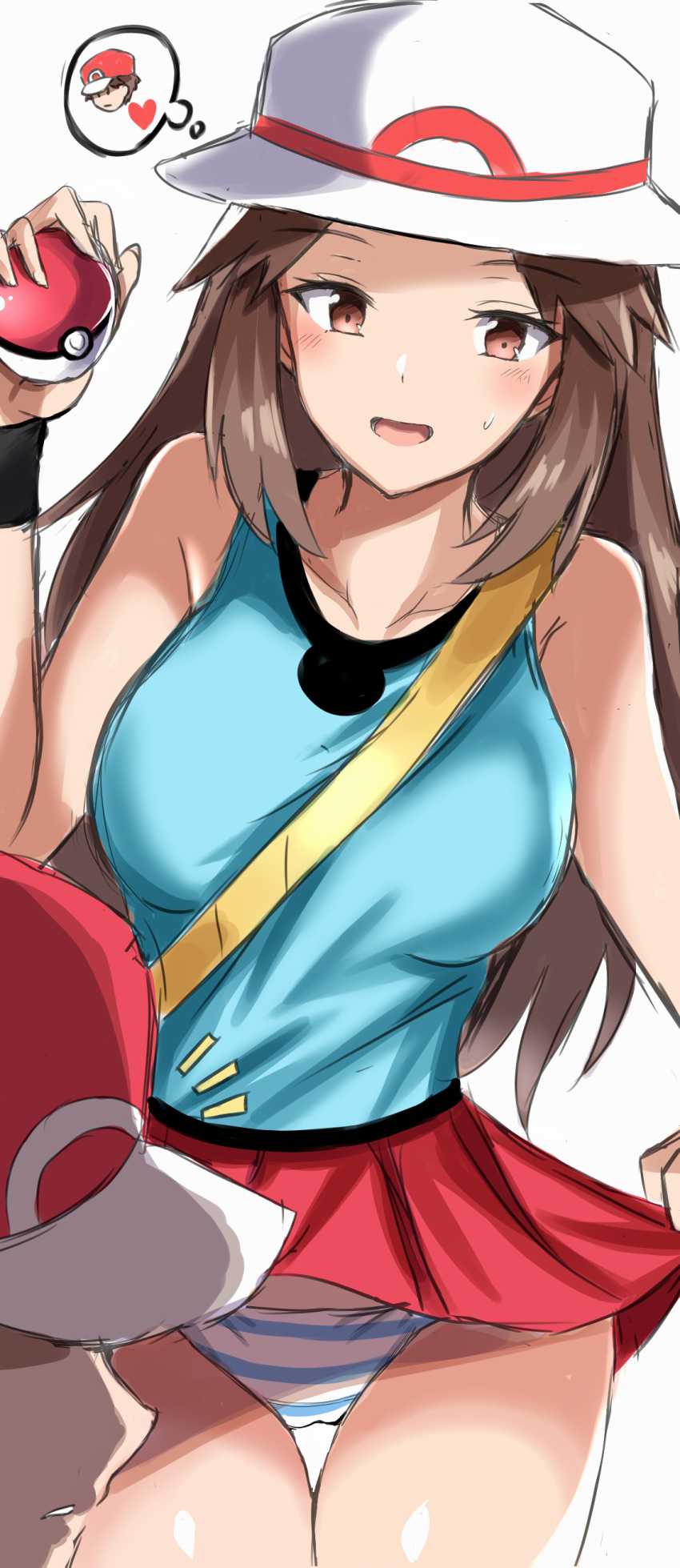 1boy, 1girl, absurdres, bag, baseball_cap, blue_(pokemon), breasts, brown_eyes, brown_hair, creatures_(company), farys_(afopahqfw), game_freak, half-closed_eyes, hat, heart, highres, large_breasts, miniskirt, nintendo, open_mouth, panties, pantyshot, poke_ball, pokemon, pokemon_(game), pokemon_frlg, red_(pokemon), skirt, smile, solo, striped, striped_panties, sun_hat, sweatdrop, thought_bubble, underwear, wind, wind_lift
