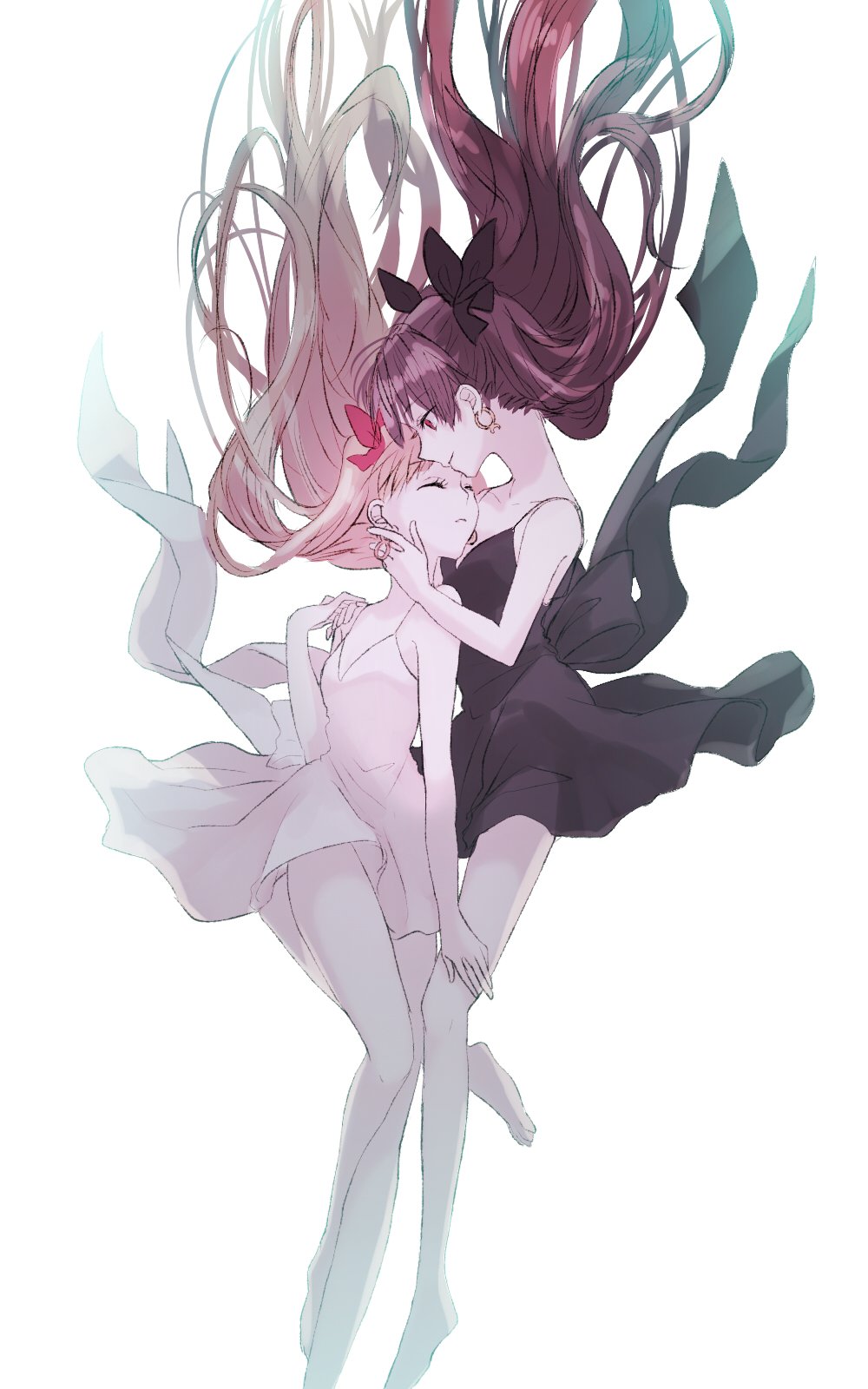2girls, alternate_costume, bangs, bare_arms, black_dress, black_hair, black_ribbon, blonde_hair