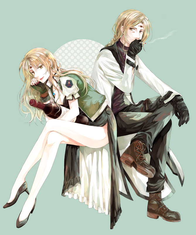 1boy, 1girl, alcohol, blonde_hair, boots, breasts, cigarette, cleavage