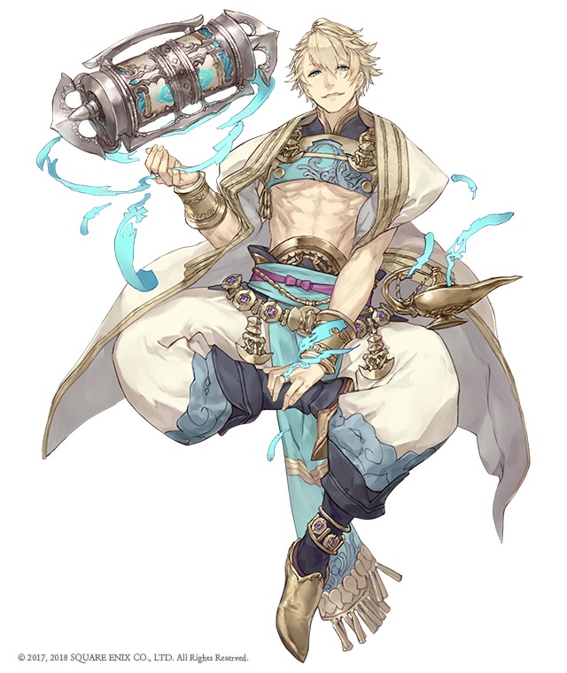 1boy, abs, aladdin_(sinoalice), anklet, arabian_clothes, blonde_hair, blue_eyes, bracelet, eyebrows_visible_through_hair, eyes_visible_through_hair, floating, full_body, jewelry, ji_no, looking_at_viewer, official_art, oil_lamp, pointy_shoes, scroll, shoes, sinoalice, solo, white_background