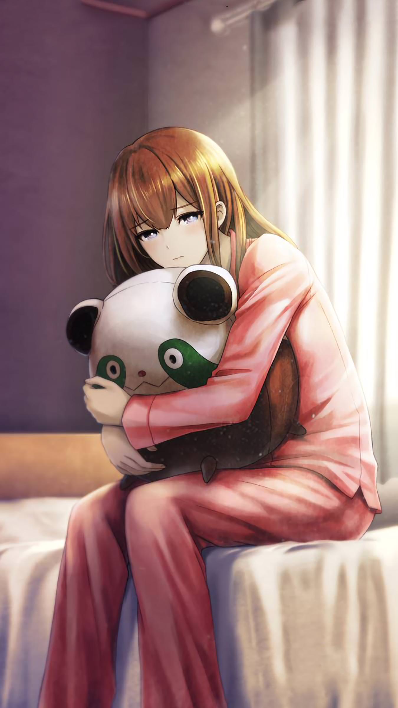 1girl, absurdres, blush, brown_hair, curtains, cushion, eyebrows_visible_through_hair, grey_eyes
