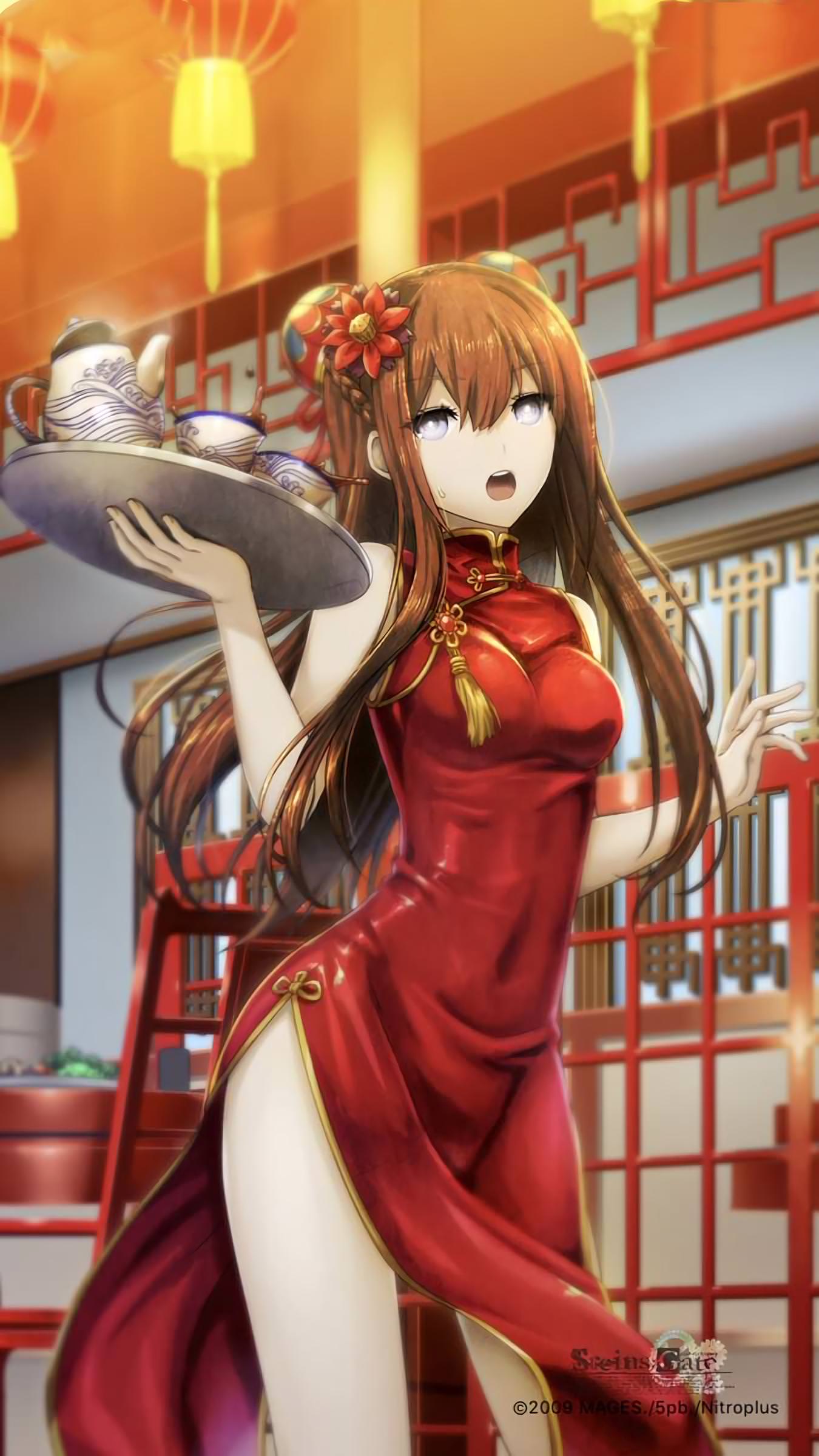 1girl, absurdres, alternate_costume, architecture, braid, breasts, brown_hair, china_dress, chinese_architecture, chinese_clothes, copyright_name, covered_navel, cowboy_shot, cup, double_bun, dress, east_asian_architecture, flower, grey_eyes, hair_flower, hair_ornament, highres, holding_tray, huke, lantern, long_hair, looking_at_viewer, makise_kurisu, medium_breasts, official_art, open_mouth, restaurant, side_slit, solo, standing, steins;gate, sweatdrop, teacup, teapot, tray, watermark