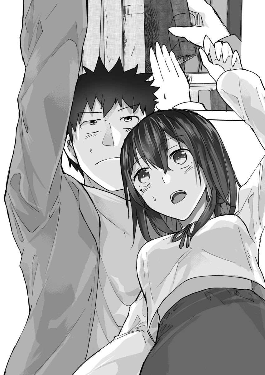 1boy, 1girl, araido_kagiri, book, bookshelf, comic, fujimino_daisuke, height_difference, height_mark, highres, hino_matsuri_(osananajimi_ni_najimitai), monochrome, original, osananajimi_ni_najimitai, outstretched_arm, reaching