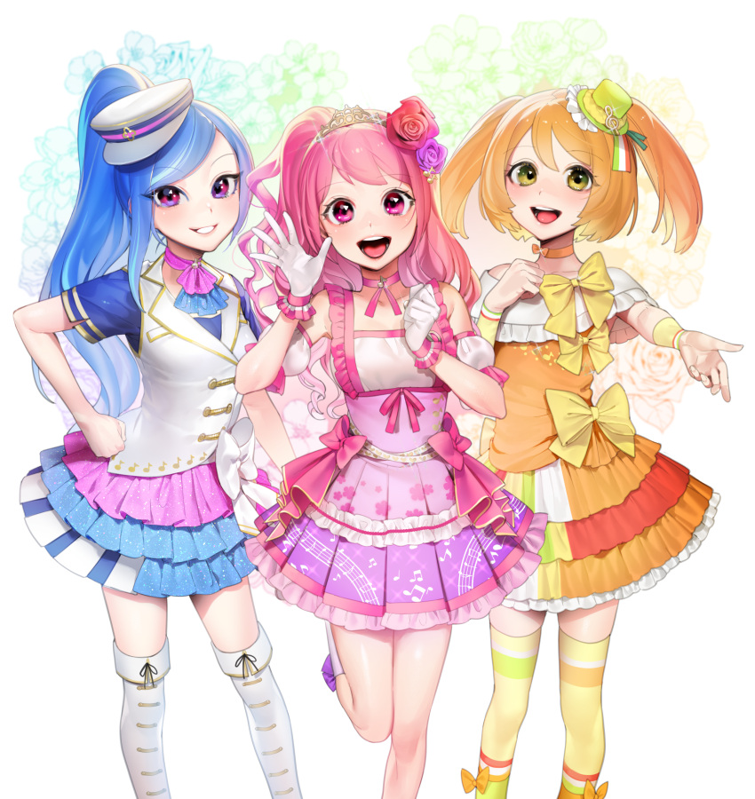 3girls, :d, absurdres, ascot, blue_hair, blush, boots, bow