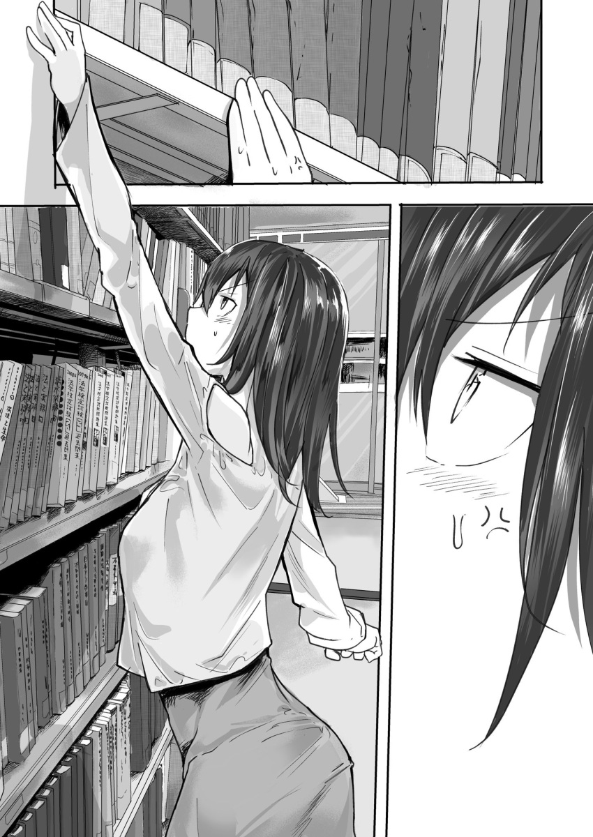 1girl, anger_vein, araido_kagiri, book, bookshelf, comic, dress, highres