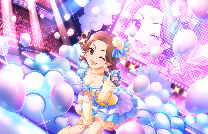 balloons, blush, brown_eyes, brown_hair, dress, idolmaster, idolmaster_cinderella_girls, idolmaster_cinderella_girls_starlight_stage