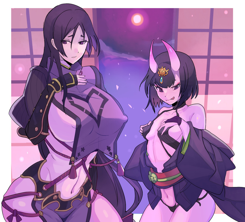 2girls, bangs, black_gloves, bob_cut, bodysuit, breasts, closed_mouth, commentary_request, covered_navel, curvy, dekaketsudekaketsu, doors, doorway, erect_nipples, eyeshadow, fate/grand_order, fate_(series), fingerless_gloves, fusuma, gloves, hand_on_own_chest, headpiece, highres, horns, japanese_clothes, kimono, large_breasts, licking_lips, loincloth, long_hair, low-tied_long_hair, makeup, minamoto_no_raikou_(fate/grand_order), multiple_girls, navel, oni, oni_horns, open_clothes, open_kimono, outdoors, parted_bangs, purple_bodysuit, purple_hair, purple_kimono, revealing_clothes, ribbed_sleeves, rope, short_eyebrows, short_hair, shuten_douji_(fate/grand_order), sliding_doors, tabard, tongue, tongue_out, very_long_hair, violet_eyes