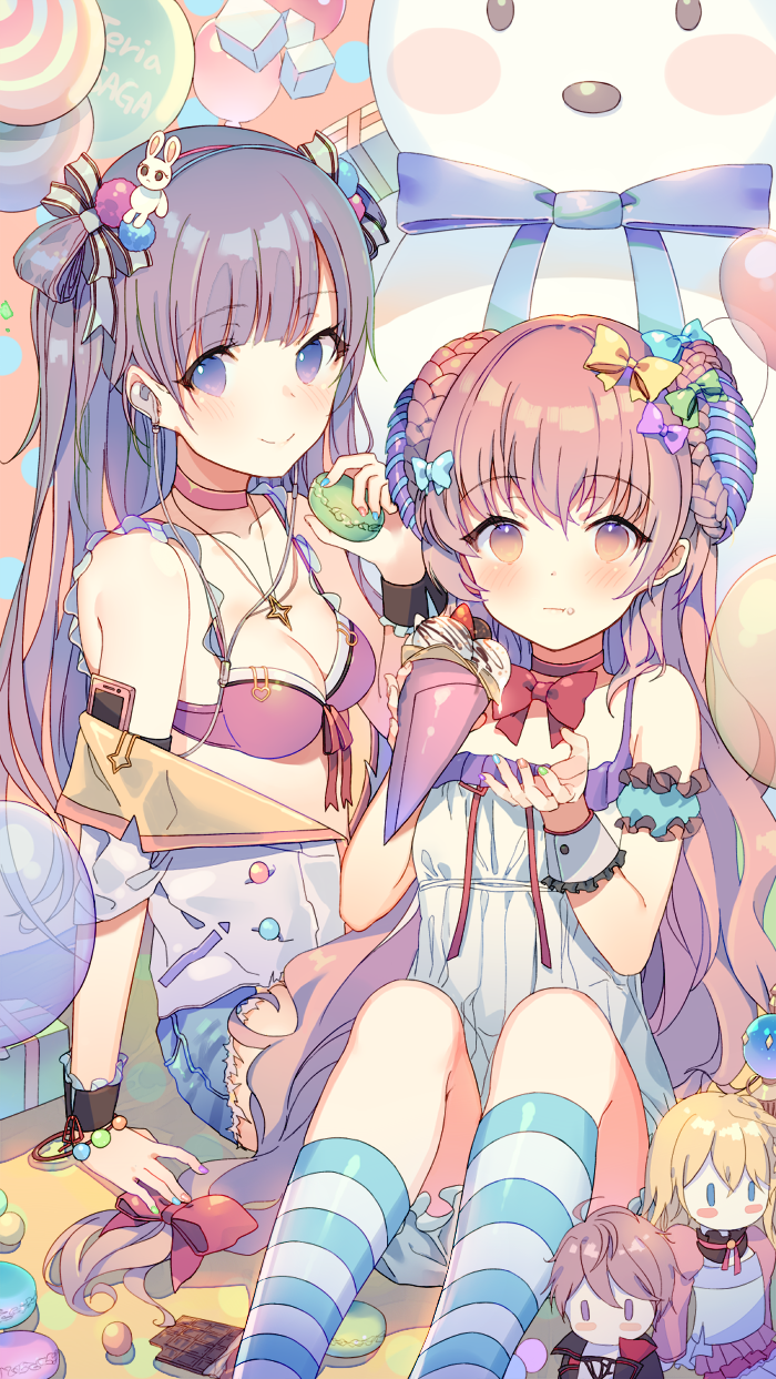 2girls, alternate_costume, athena_(teria_saga), balloon, blue_legwear, blush, bow, braid, breasts, bunny_hair_ornament, candy, casual, character_doll, choker, copyright_name, crepe, dareyo90, denim, denim_shorts, dessert, digital_media_player, earphones, earphones, food, hair_bow, hair_ornament, highres, kneehighs, knees_up, leti_(teria_saga), lollipop, long_hair, macaron, multiple_girls, pink_choker, purple_bow, red_bow, red_choker, seris_(teria_saga), short_shorts, shorts, sitting, small_breasts, smile, striped, striped_legwear, stuffed_animal, stuffed_toy, teria_saga, very_long_hair, violet_eyes, wise_(teria_saga), wrist_cuffs, yellow_bow