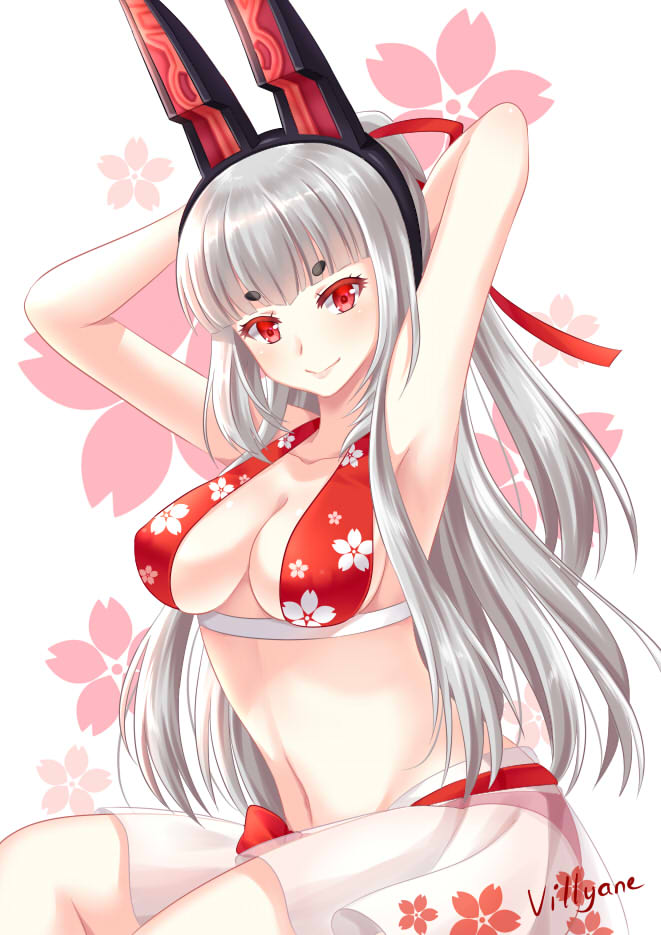 1girl, animal_ears, armpits, arms_up, artist_name, aura_kingdom, bangs, bare_arms, bare_shoulders, bikini, black_hairband, blunt_bangs, breasts, cleavage, closed_mouth, collarbone, eyebrows_visible_through_hair, fake_animal_ears, floral_background, floral_print, fox_ears, hair_ribbon, hairband, head_tilt, kotonoha_(aura_kingdom), large_breasts, long_hair, navel, ponytail, print_bikini, red_bikini, red_ribbon, ribbon, see-through, short_eyebrows, signature, silver_hair, simple_background, sitting, smile, solo, swimsuit, thick_eyebrows, very_long_hair, villyane, white_background
