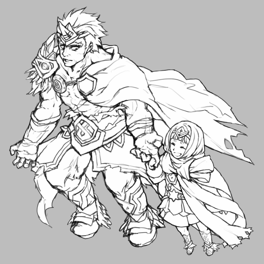 1boy, 1girl, cape, closed_eyes, dress, fire_emblem, fire_emblem_heroes, grey_background, greyscale, hand_holding, height_difference, helbindi_(fire_emblem_heroes), highres, jin_(phoenixpear), monochrome, nintendo, open_mouth, short_dress, short_hair, simple_background, standing, tiara, ylgr_(fire_emblem_heroes)