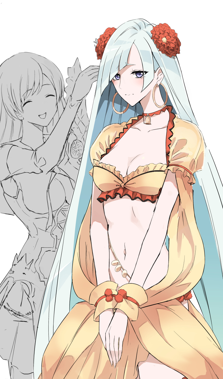 2girls, bell, blue_hair, breasts, brynhildr_(fate), choker, cleavage, cosplay