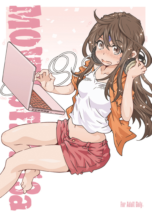 1girl, aa_megami-sama, bare_legs, barefoot, blush, brown_eyes, brown_hair, camisole, casual, computer, contemporary, hand_on_headphones, headphones, headphones_around_neck, laptop, long_hair, midriff, navel, open_pants, short_shorts, shorts, sidelocks, skuld, solo, sweatdrop, toumi_haruka, wavy_mouth