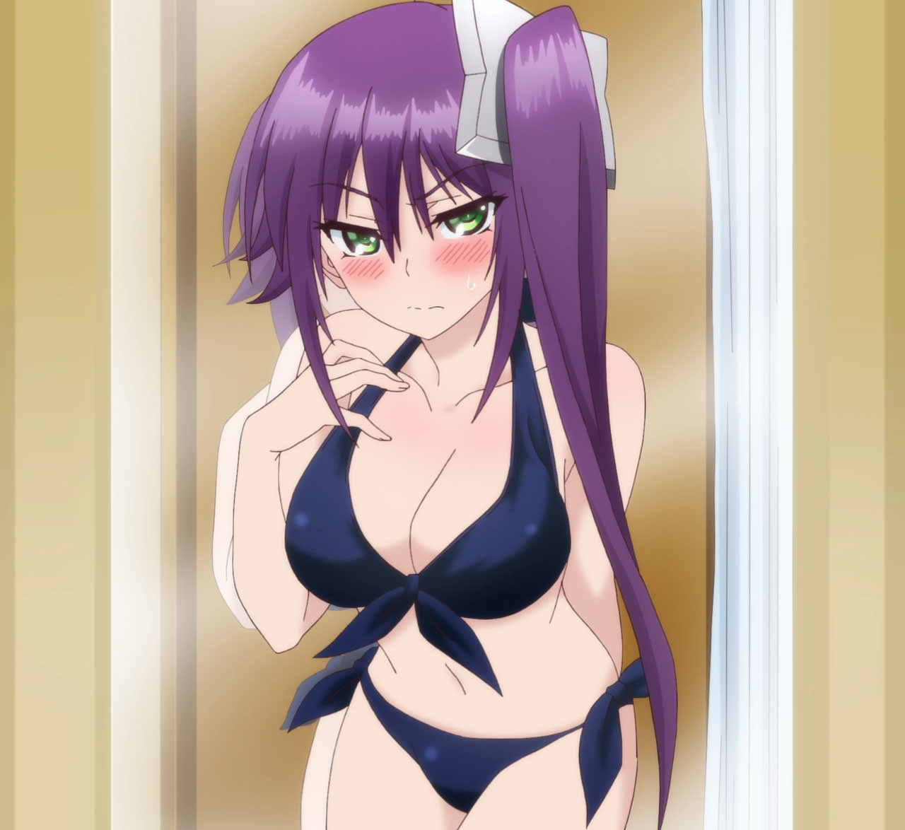 1girl, ameno_sagiri_(yuragisou_no_yuuna-san), bikini, breasts, cleavage, green_eyes, ponytail, purple_hair