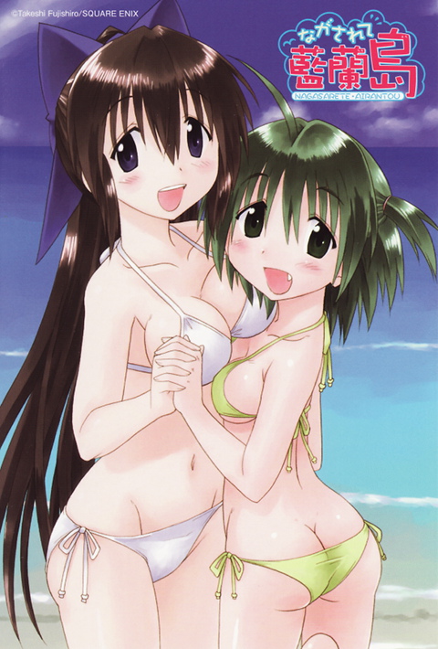 2girls, ahoge, artist_name, ass, asymmetrical_docking, bare_arms, bare_shoulders, bikini, blue_eyes, blue_ribbon, blue_sky, blush, breast_press, breasts, brown_hair, cleavage, clouds, collarbone, company_name, copyright_name, cropped_legs, day, eyebrows_visible_through_hair, fang, fujishiro_takeshi, green_eyes, green_hair, groin, hair_ribbon, hand_holding, interlocked_fingers, logo, long_hair, looking_at_viewer, medium_breasts, multiple_girls, nagasarete_airantou, navel, official_art, open_mouth, outdoors, ribbon, scan, short_hair, short_twintails, side-tie_bikini, sideboob, sky, small_breasts, suzu_(nagasarete_airantou), swimsuit, twintails, upper_teeth, white_bikini, yellow_bikini, yukino_(nagasarete_airantou)