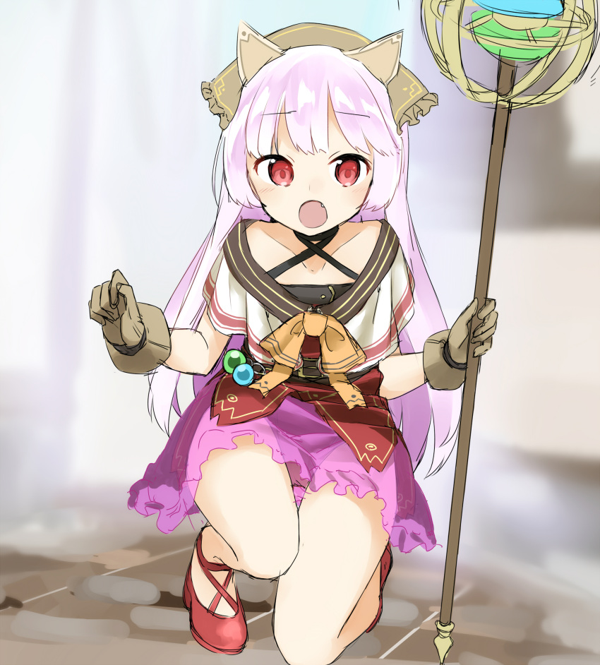 1girl, :o, absurdres, animal_ears, bangs, bare_shoulders, belt_buckle, black_choker, blurry, blurry_background, blush, bow, brown_belt, brown_gloves, buckle, choker, collarbone, commentary_request, criss-cross_halter, depth_of_field, dress, eyebrows_visible_through_hair, fang, fiola_ariete, gloves, halterneck, head_scarf, highres, holding, holding_staff, long_hair, looking_at_viewer, off-shoulder_shirt, one_knee, open_mouth, orange_bow, original, pink_hair, pink_skirt, red_dress, red_eyes, red_footwear, see-through, sekira_ame, shirt, shoes, sketch, skirt, solo, staff, very_long_hair, white_shirt