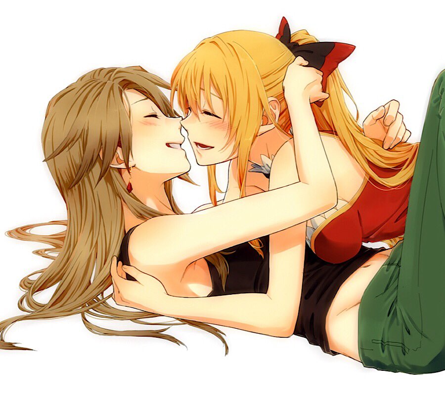 2girls, alternate_costume, bangs, bare_shoulders, black_tank_top, blonde_hair, blush, bow