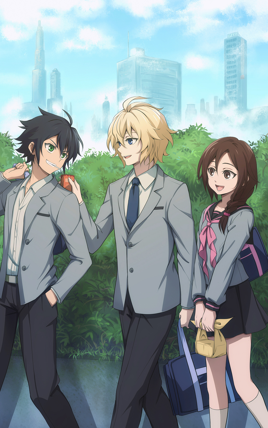 1girl, 2boys, ahoge, bag, black_hair, black_pants, black_skirt, blazer
