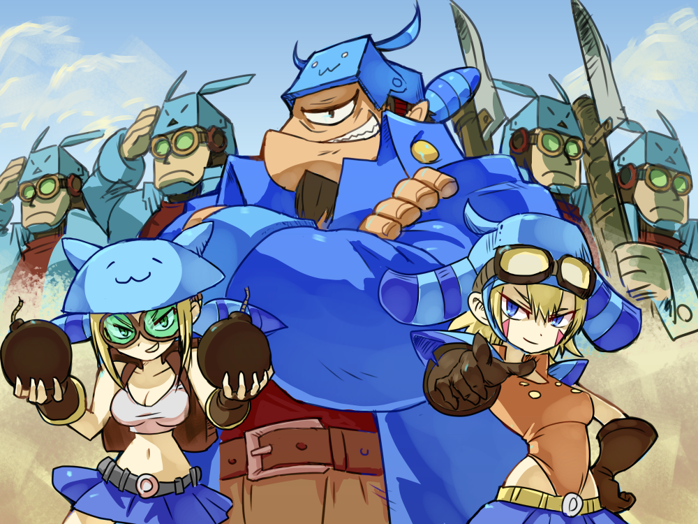 2girls, ammo_baron, bandanna, bayonet, blonde_hair, blue_eyes, blue_jacket, blue_skirt, bomb, bow, cyclops, fingerless_gloves, gloves, goggles, goggles_on_headwear, gun, jacket, leotard, midriff, multiple_boys, multiple_girls, navel, omaesan_(camp-192), one-eyed, pants, red_eyes, salute, shantae:_half-genie_hero, shantae_(character), shantae_(series), shantae_and_the_pirate's_curse, short_hair, skirt, stomach, tank_top, twintails, twitch_(shantae), vinegar_(shantae), weapon