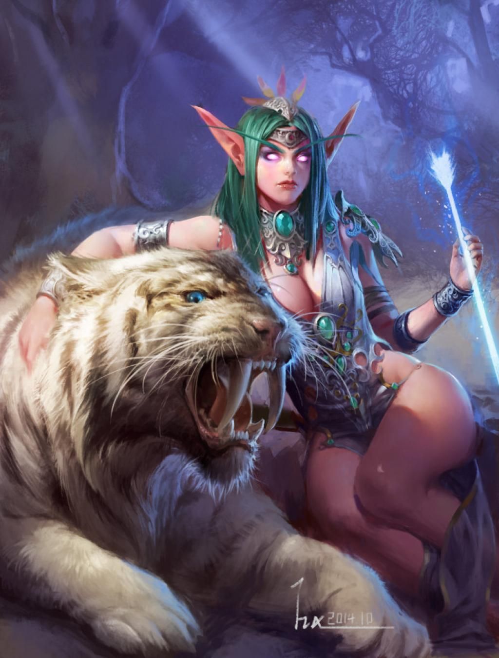 animal, armor, elf, highres, night_elf, pointy_ears, tyrande_whisperwind, warcraft