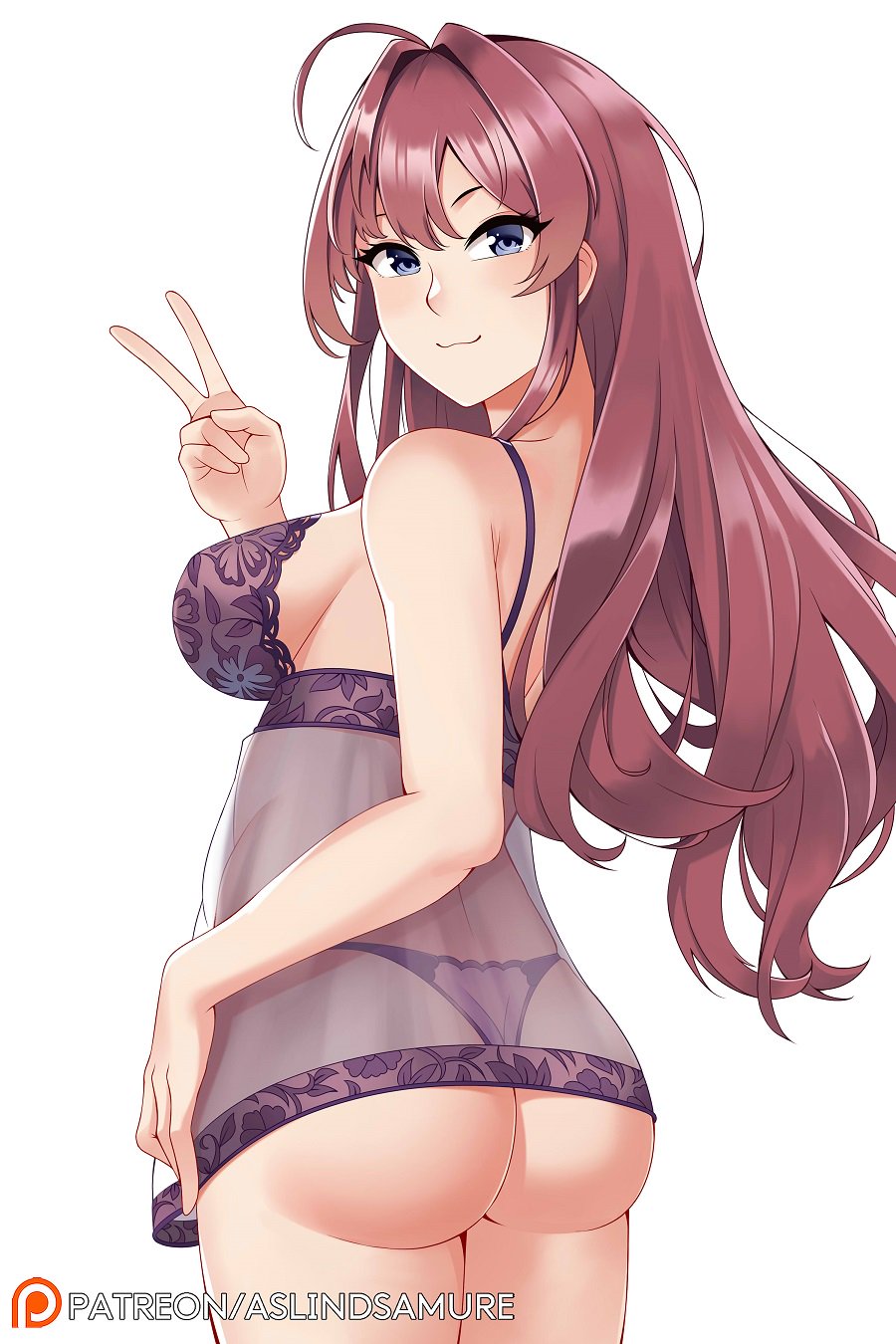 1girl, ahoge, aslindsamure, ass, bangs, blue_eyes, blush, breasts