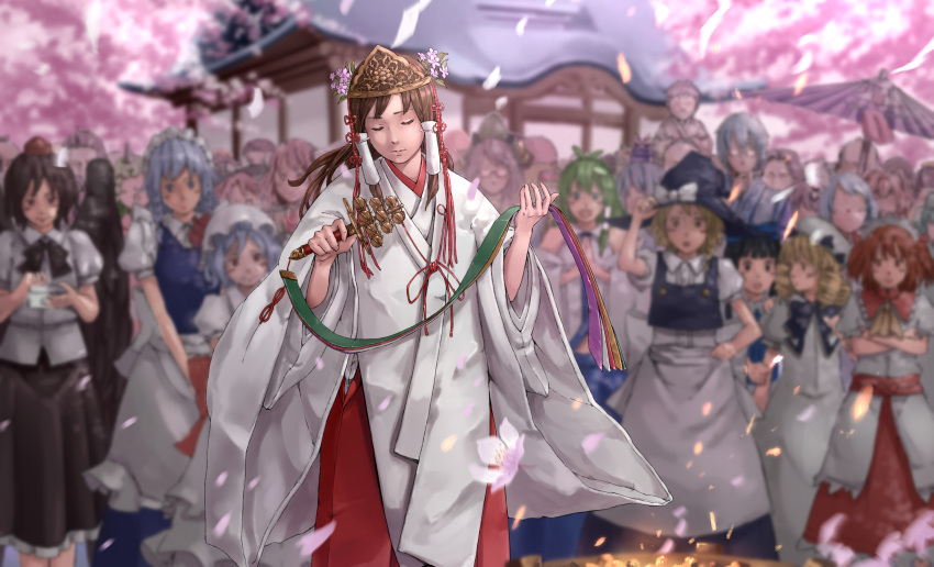 6+girls, absurdres, bell, blurry, blurry_background, brown_hair, character_request, closed_eyes