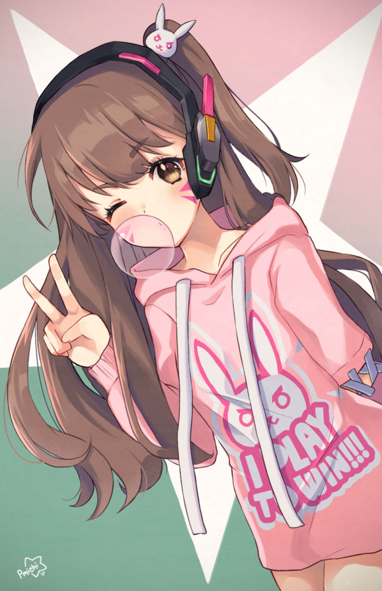 1girl, animal_print, bangs, blush, brown_eyes, brown_hair, bubble_blowing, bunny_hair_ornament