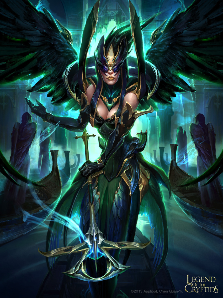 1girl, artist_name, black_hair, boat, breasts, cleavage, copyright_name, feathered_wings